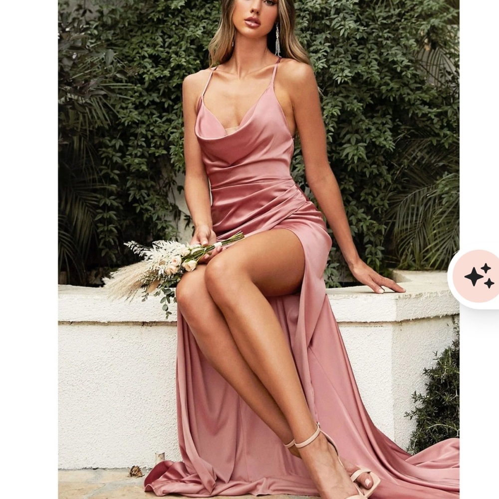Cinderella Divine Rose gold Maxi Dress with Slit and Cowl Neck